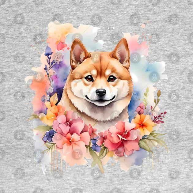 A shiba inu decorated with beautiful watercolor flowers by CreativeSparkzz